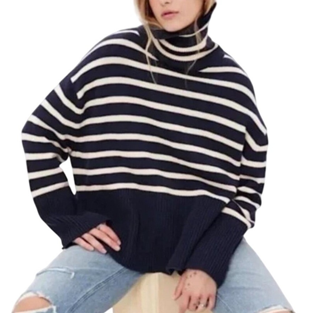 GAP Striped Cotton Knit Sweater Womens XL Turtleneck Navy White Split Hem